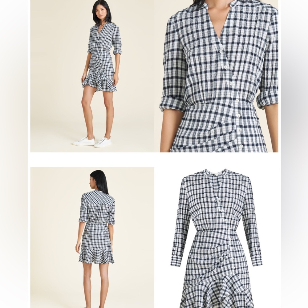 NWOT Veronica Beard Sherry Black White Plaid Long Sleeve Ruffle Mini Dress.